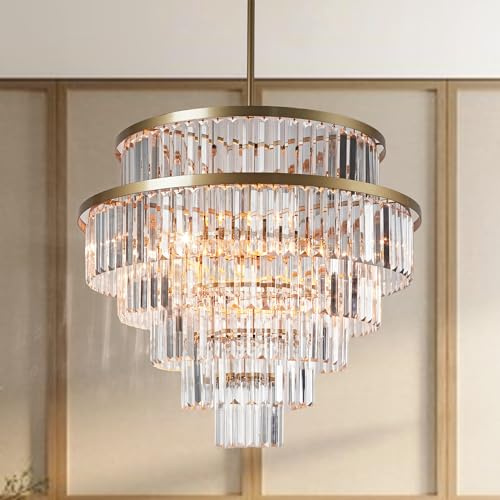 26 Modern Gold Crystal Chandelier, 6-Tier Luxury Round Pendant Ceiling Lights for Dining Living Room, Contemporary Adjustable Entryway Foyer Hallway Bedroom Lighting Fixture with Metal Brass Frame