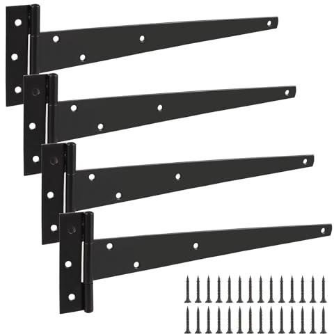 ASelected 4 bisagras en T de 12 pulgadas resistentes con recubrimiento en polvo para jardín, color negro, uso para jardín, almacén, cobertizo, puertas de granero