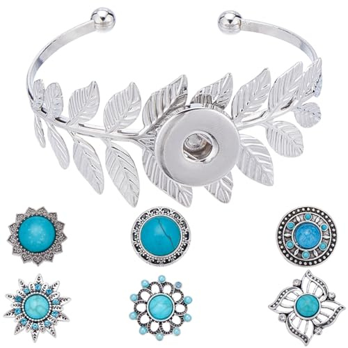 SUNNYCLUE 6 Stile Druckknopf Armbänder Druckknopf Schmuck Armband Charms Silberfarbenes Armreif Herstellungsset Vintage Stil Synthetischer Türkis Edelstein Charm Offene Manschette Armreif Rohlinge Fas