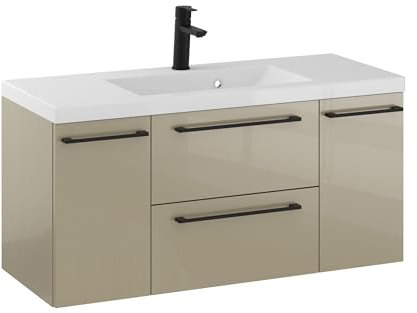Furni Rosen 100 cm Hängend Waschbecken mit Unterschrank und Stilvollen und Mattschwarzen Griffen Waschbeckenunterschrank Badezimmer Waschtisch mit Unterschrank Waschtischunterschrank