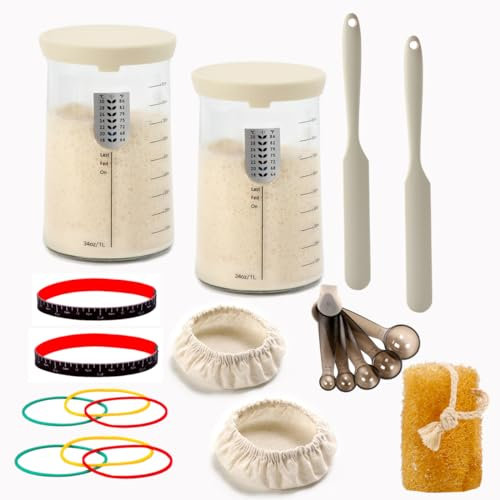 surebuy Sourdough Starter Jar Kit Lid Set 34oz Wide Mouth,Silicone Scraper,Cloth Cover, Thermometer Design,Measuring Spoon For Sourdough Baking Flour jar, All Flours