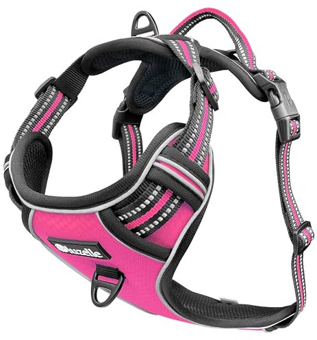 bluzelle Hundegeschirr für große Hunde, Reflektierendes Brustgeschirr mit Griff & Tasche für GPS Tracker, Anti-Zug Hundeweste Hund-Warnweste, Atmungsaktiv Reflektor-Gurte, L, Pink