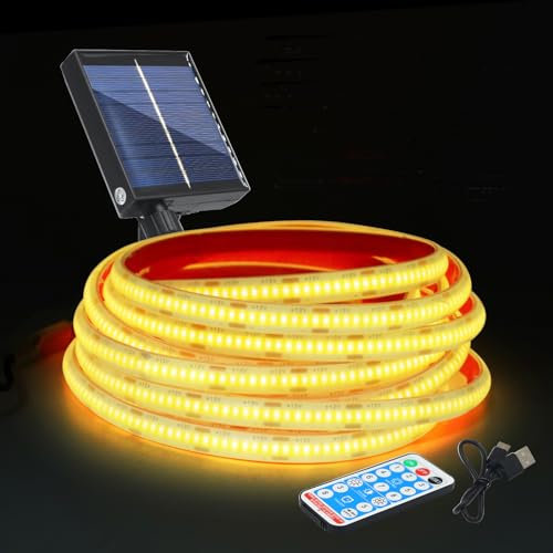 KISUFU 12V Ruban LED COB Avec 1.2w USB panneau de charge solaire, IP68 Étanche 320LEDs/M Énergie solaire Bande de Lumières LED Strip pour Fête, Comptoir, étagère, Jardin, Cour, Décoration Extérieur