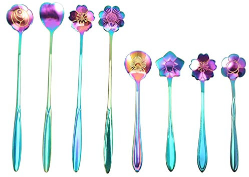 SRMAN 8Pcs Juego De Cucharas De Flores, 2 Cucharadas De Acero Inoxidable De Diferentes Tamanos, Cucharita De Cafe Del Iris Que Revuelve