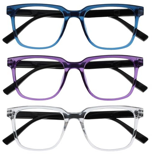 OPULIZE LEO Gafas de Lectura - Pack de 3 - Montura Rectangular Grande - Azul, Morado, Transparante - Hombre Mujer - Bisagras de Muelle - RRR55-35C - +1.50