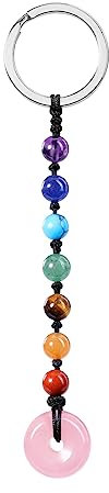 PiercingJak Porte-clés Pendentif Pierre Naturelle Porte Clef Chakra Pierre Precieuse Cercle Anneau Éternité de Vie Portection Bonheur Femme Homme Bijou Cadeau Anniversaire Noël (Quartz Rose)