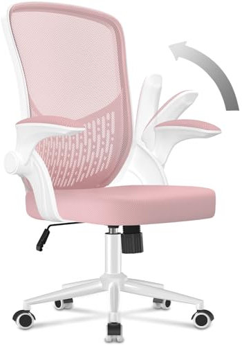 naspaluro Silla de Oficina, Silla de Oficina Ergonómica con Brazos Abatibles 90°, Soporte Lumbar de Diseño Exclusivo, Tapicería de Malla Transpirable, Silla de Escritorio Giratoria 360°, Rosa