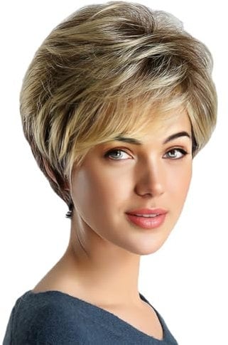 Woojfcang Short Ombre Blonde Mix Brown Wigs for Women, Pixie Cut Wig with Bangs, Synthetic Layered Hair Wig for Costume, Cosplay, Fancy Dress
