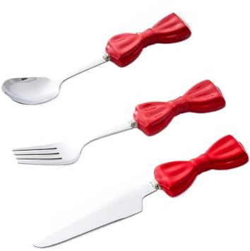 Bowknot Ceramics Handle Kitchen Stainless Steel Silverware Tableware Flatware Cutlery Set Steak Knife Fork Spoon Teaspoon (Red,3 pieces)