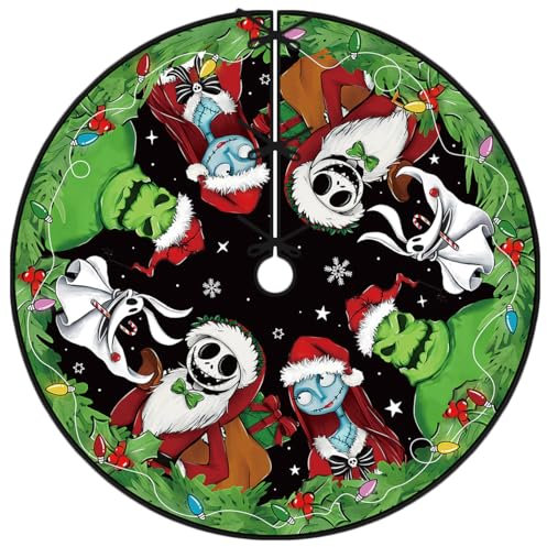 Christmas Tree Skirt 48 Inch Chistmas Nightmare Before Tree Collar Jack and Sally New Year Winter Xmas Tree Decor Zero Christmas Decorations for Home Party