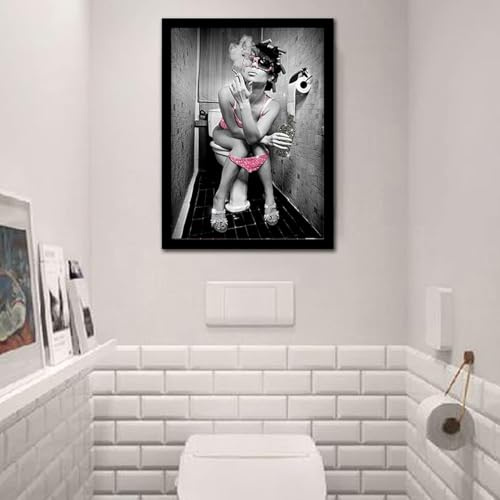 Bild Toilette,Sexy Frau auf Toilette mit Rauchen und Trinken,Kunstdruck Poster wc deko, Wanddeko Schwarz & Weiß, modern Bilder Bad Badezimmer(A,40 * 60cm)