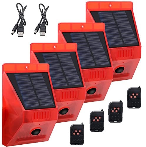 Solar Alarmanlage Blitz Hell mit Fernbedienung Bewegungsmelder Draussen Alarm Hell 129db Ton Sicherheit Sirene Hell IP65 wasserdicht Geschützt für Ihr Haus, Villa, Baren, Bauernhof, Hof (Satz C)