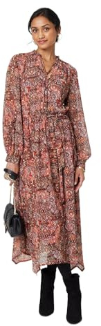 Izabel London Floral Paisley Semi Sheer Midi Dress for Women UK with a tie Neck, tie Waist & Long Puff Sleeves.