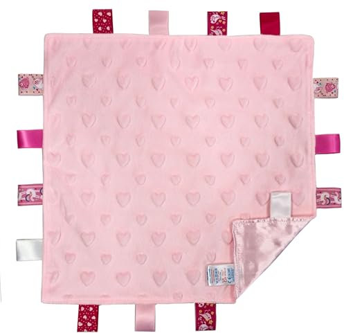 Soft Touch Taggie Dimple Schmusetuch für Babys, mit sensorischen Etiketten und Blasen-/Herz-/Stern-/Foliendruckmuster (Dimple) (Rosa, 35 x 35 cm)