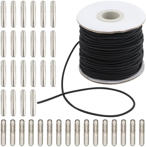 GORGECRAFT Elastische Kordeln Mit Widerhaken 40 m X 2mm Schwarz Dehnbar Runde Schnurschlaufe Mit Widerhaken Aus Metall Crimp Enden Verschluss Hutkinnkordel Riemen Für Partys Heimwerkerarbeiten Bastel