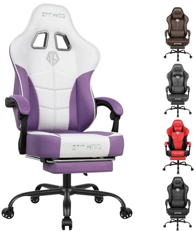 Gaming Chair with Footrest-Video Desk Computer Ergonomic - Big and Tall PC Chair with Headrest Lumbar Support, PU Leather Height Adjustable 360° Swivel Office Chair for Adult-Purple