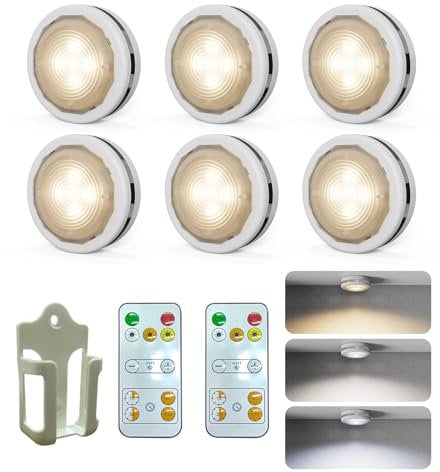 Starxing Puck Lights with Remote, Under Cupboard Light AA Battery Operated, 3 Color Temperatures and Timing Function, Dimmable Wardrobe Lights for Kitchen Closet Shelf