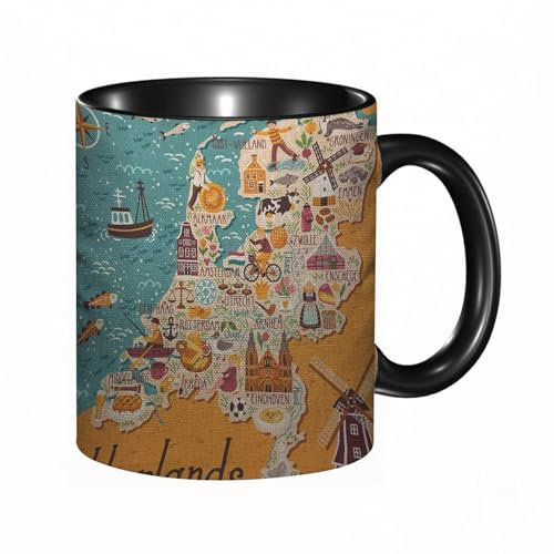 reyawdf Original Tasse mit lustigem Design, Karte der Niederlande Case Dutch Landmarks Holland Food Windmill Blue,330ml, für Kaffee- und Teeliebhaber, als Geschenk für Weihnachten, Geburtstag und mehr