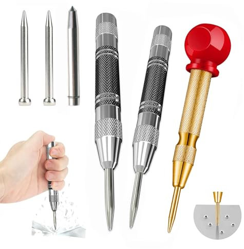 Set of 3 Automatic Metal Centre Punches, Automatic Centre Punch with Scriber and 3 Replacement Tips, Centre Punch Tool Set with Adjustable One-Hand Spring Effect, Centre Punch for Metal, Wood, Glass