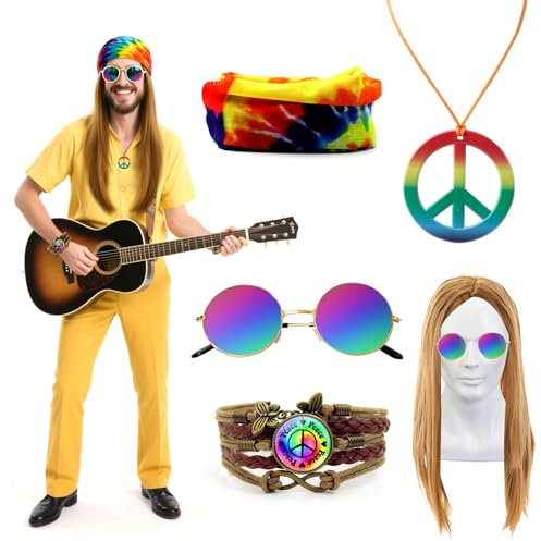 GOTRUST 5PCS Hippie Accessoires Herren 70 Jahre, Hippie Perücken Set, Hippie-Kostüm Zubehör, 60er 70er Jahre Fasching Bekleidung für Thema Party Mottoparty Halloween Karneval Cosplay