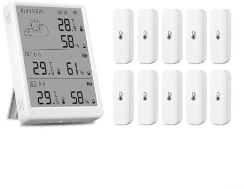Cloudpower Wlan Hygrometer Thermometer Sensor für Tuya für SmartLife Luftfeuchtigkeits Temperatur-Feuchtigkeitssensor Wlan Thermometer mit app für Zuhause Gewächshaus(1*Basisstation+10*Sensor)