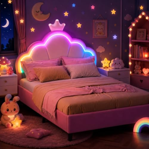 QMTXBYJ Kinderbett 90x200 mit LED-Streifen, Polsterbett 90x200 for Mädchen, Kronen-Prinzessinbett mit Verstellbares Kopfteil, Mädchen Bett, Einzelbett Bettgestell mit Lattenrost,Samt,ohne Matratze