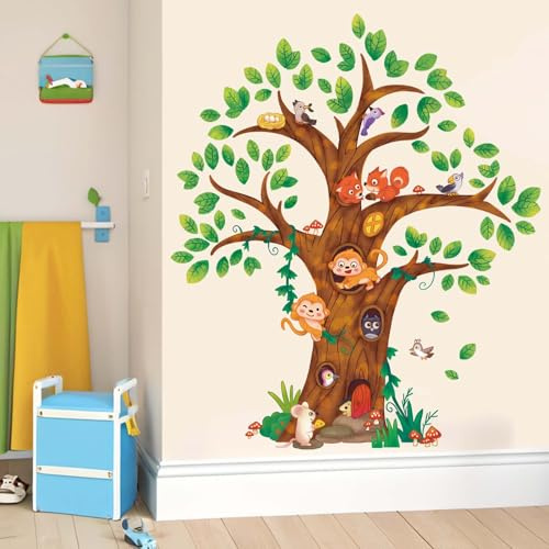 Tiere Baum Wandtattoo für Kinder: Abziehen und Kleben Wald Eichhörnchen Affe Eule Vogel Igel Wandaufkleber - Wanddekoration Kunst Kleinkindzubehör Alter 1-12 Jahre