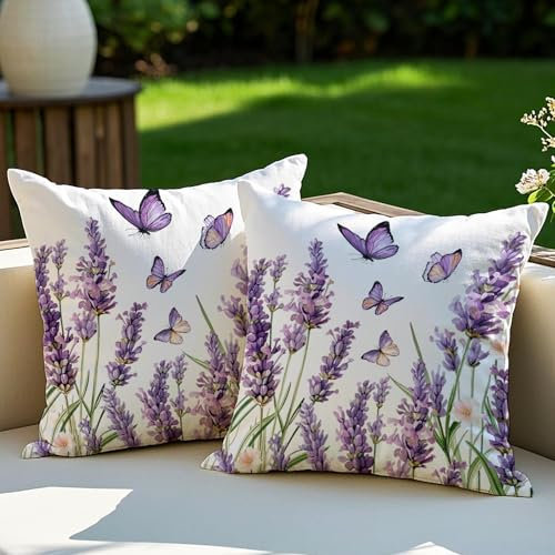 Vorysum 2er Set Outdoor Kissenbezug 40x40 cm Lila Blumen Dekokissen Wetterfest Kissen Sommer Modern Kissenbezüge für Garten Sofa Couch Wohnzimmer Schlafzimmer Doppelseitiges Muster