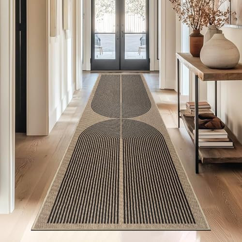 Capslpad Teppich Läufer Flur 80x300cm Jute Aussehen KüchenTeppich Natürlich Waschbar Teppich Schwarz rutschfest Küchenläufer Korridor läufer Flur Küche,Schlafzimmer, Balkon