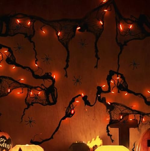 Spinnennetz Halloween Deko Outdoor Innen,3M Halloween Spinnennetz mit Lichterkette und Spinnen,spinnenne-tz Outdoor Garten Innen Horror Party Hängende Gruselig Deko