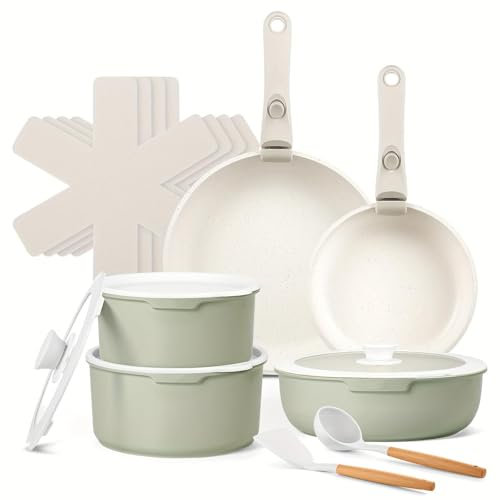 Juego de 17 ollas y sartenes antiadherentes apilables de color verde con mango de baquelita extraíble y tapa de vidrio, aptas para horno (juego de más de cinco piezas/verde)