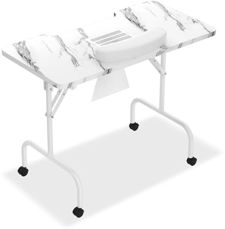 Aufun Nageltisch 90x40x72 cm mit Absaugung, Faltbar Nagelarbeitsplatz Maniküretisch Tisch Tragbarer Nageltisch mit Staubabsaugung und 4 Räder für Haushalte Nagelstudios Schönheitssalons, Weiß
