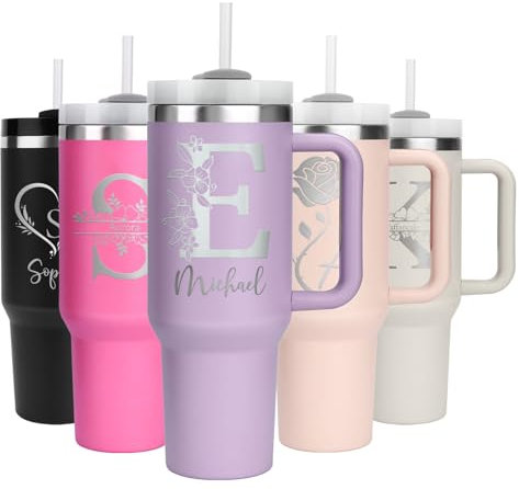 WALLFID 40oz Thermobecher personalisiert – Edelstahl Becher mit Initiale oder Geburtsblume, mit Namen & Wunschtext, Henkel, Deckel & Strohhalm, kompatibel mit Stanley Cup.(Brieftyp)