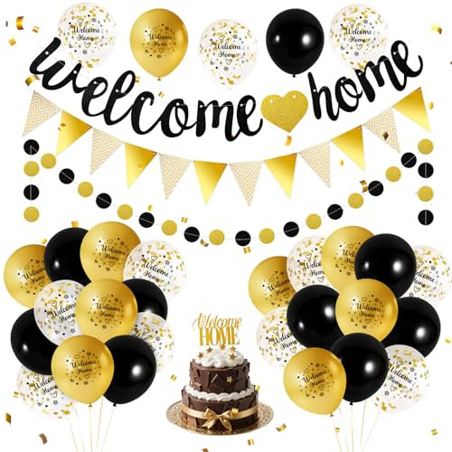 Black Gold Welcome Home Decorations, Welcome Home Banners Balloons Bunting and Cake Topper Set, 12 Inch Confetti Latex Balloons for Home Family Wedding Baby Shower Party Decorations