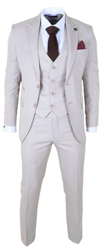 Men's Classic Cream Suit 3 Piece Tailored Fit Vintage Office Wedding Prom