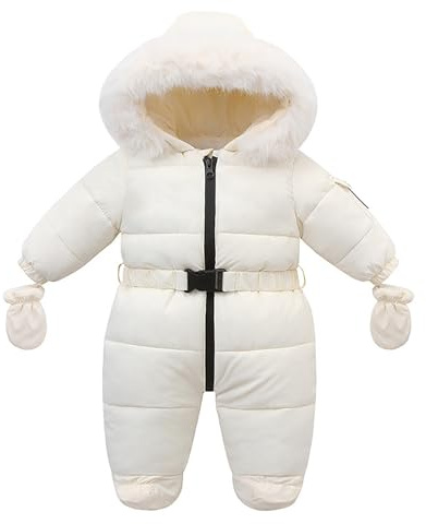 Baby Schneeanzug Winter Junge Mädchen Warmer Dicker Spielanzug mit Kunstpelz Kapuze Strampler Overall Kleinkind Lange Ärmel Wintermantel mit Handschuhen und Verstellbarer Taillengurt