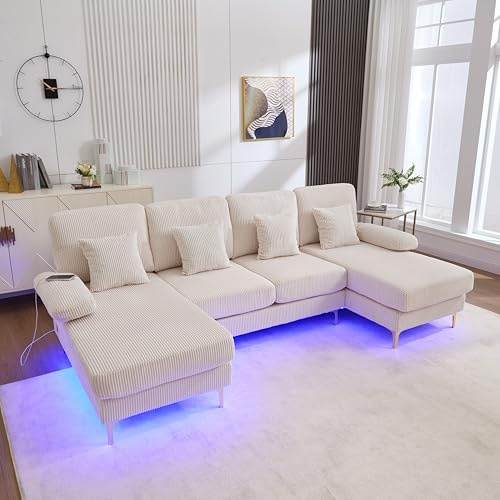 Ball & Cast U-förmiges Couch mit Schlaffunktion, Samt Sofa mit Lichtleiste und USB-Anschlüssen für das Wohnzimmer Wohnung Villa, 265 x 88 x 135 (BxHxT), Beige