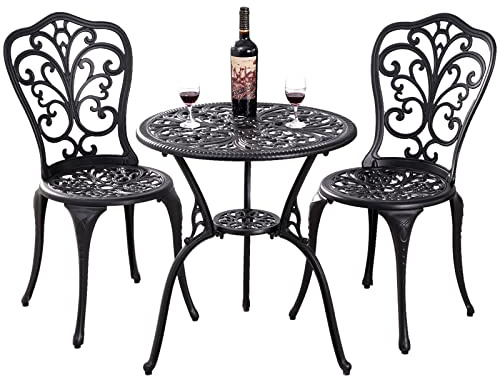 Withniture Outdoor Bistro Set 3-teiliges Gartenbistro-Set, Gusseisen-Bistrotisch mit 2 Stühlen, Kleiner Terrassentisch für Balkon, Schwarz (Schwarz)