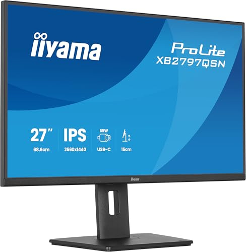 iiyama Prolite XB2797QSN-B1 QHD IPS-Monitor | 68,5 cm, 27, HDMI, DP-in/out, DaisyChain, USB-C Dock, 65W, RJ45, USB3.2, USB-C, Höhenverstellung, Adaptive Sync, schwarz