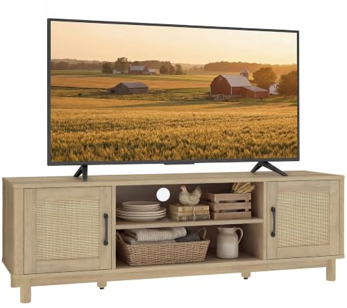 HOMCOM TV-Schrank 135cm für TVs bis 65 Zoll Eiche | TV-Schrank, 2 Rattantüren, 2 offene Fächer, Boho-Stil, 6 Kiefernholzbeine, TV-Bank, Wohnzimmer, Schlafzimmer