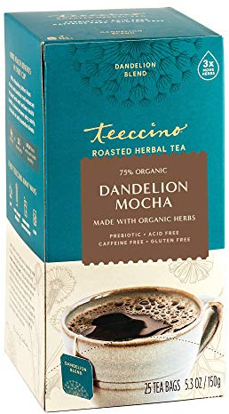 Teeccino Dandelion Herbal Tea - Mocha - 25 Tea Bags - Caffeine Free, Prebiotic, Gluten Free, 3x More Herbs