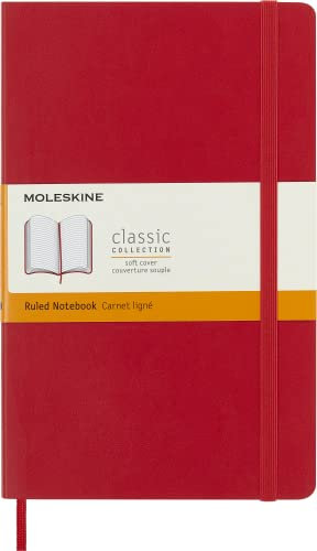 Moleskine Klassisches Notizbuch, Liniertes Notizbuch, Weicher Einband und Elastischer Verschluss, Großes Format 13 x 21 cm, Rote Scharlachfarbe, 192 Seiten