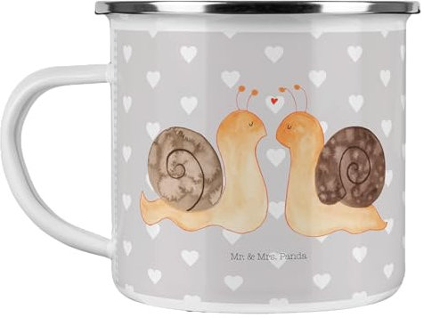 Mr. & Mrs. Panda Camping Emaille Tasse Schnecken Liebe - Geschenk, Edelstahl Trinkbecher, Paar, glücklich, Pärchen, Camping Becher, Outdoor Becher,