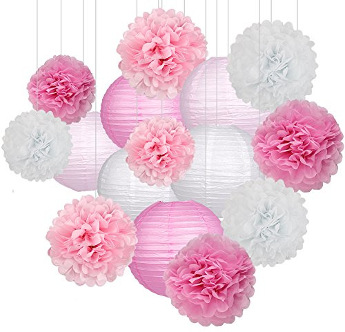 15 Stück Party Pack Papier Laternen und Pom Pom Kugeln zum Aufhängen Deko für Hochzeit Geburtstag Baby Dusche rosa/weiß
