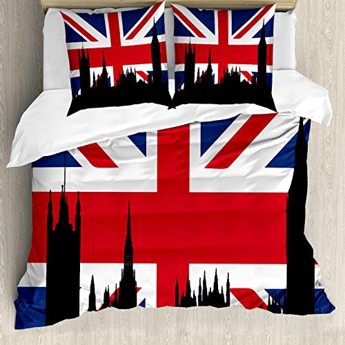 ABAKUHAUS Union Jack Bettbezugs Set Für Doppelbetten, Historische Stadt UK, Milbensicher Allergiker geeignet mit Kissenbezügen, Royal Blue Schwarz Rot