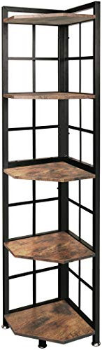 Becko Corner Shelf 5 Tier Industrial Corner Bookcase Plant Stand Storage Rack Display Rack for Home Office (Rustic Brown)