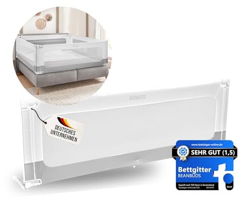 BEANBUDS® Bettgitter Rausfallschutz 200cm [1 Seite] - Bettschutzgitter Lattenrost & Boxspringbett - Baby Gitterschutz Elternbett & Kinderbett - inkl. extra Gurt zur Befestigung - Fallschutz Bett, Grau
