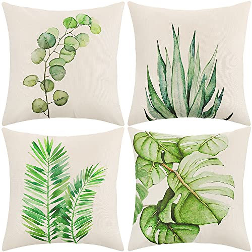 ARNTY Juego de 4 Fundas de cojín de 45 x 45 cm, Fundas de cojín Bohemias Decorativas para sofá, Oficina, Coche, Dormitorio, decoración del hogar (Hojas Verdes de Lino)