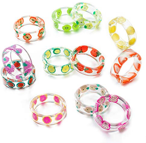 E1mity Lot de 12 bagues d'été en résine acrylique transparent Y2K - Esthétiques Kidcore - Cadeau pour femmes et adolescentes, Résine, Aucune pierre précieuse