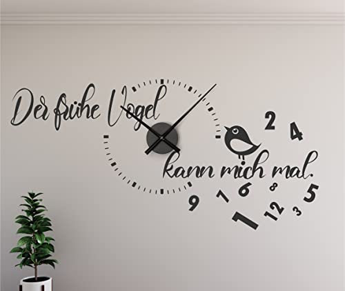 Wandtattoo Schlafzimmer Uhr mit Uhrwerk Spruch Der frühe Vogel kann mich mal – Wanduhr Wohnzimmer DIY von timalo® – 30 Farben | 76069-Schwarz-M-115x58-Uhr-schwarz